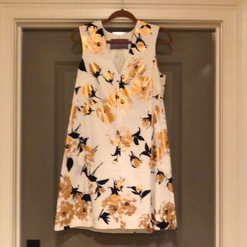Lela Rose White Black Metallic Burnished Gold Dress. Size 6.